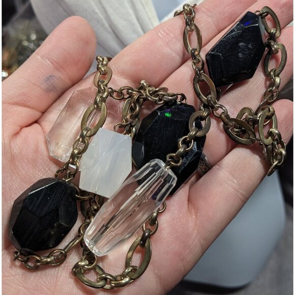 Chunky Black And Clear Gemmed Necklace With Gold Tone Chain - Picture 5 of 6